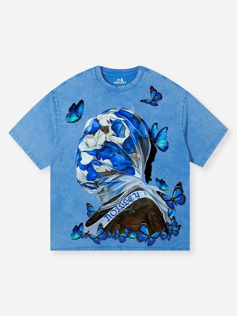 Blue Butterfly Art Print Tee – Washed Cotton